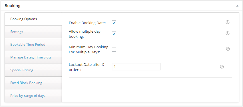 Screenshot for booking settings
