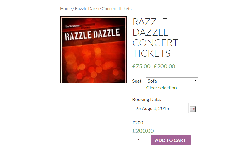 Sell Concert Tickets, Tours, Events with WooCommerce - Frontend of the Razzle Dazzle Concert Ticket