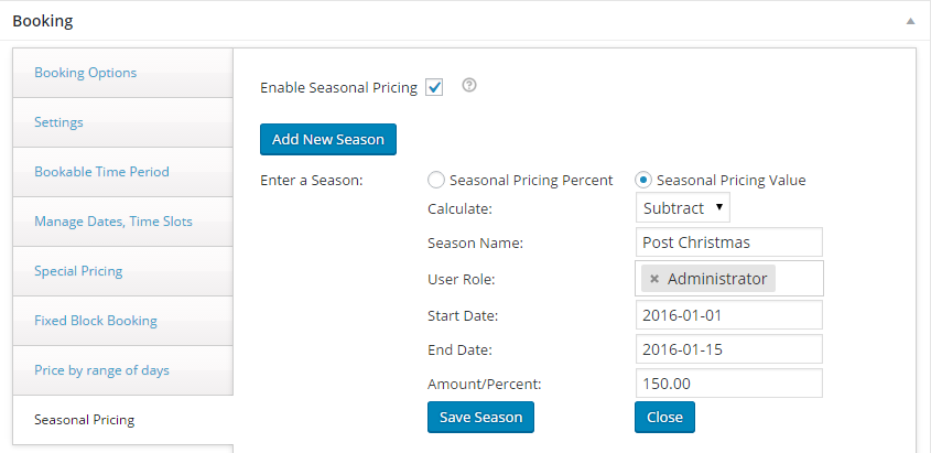 Change booking rates for different seasons with WooCommerce - Creating a new season-Pricing Value