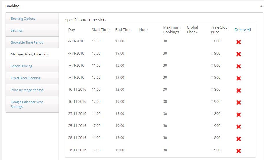 Services on certain dates - View of added time slot and rates in Manage Dates, Time Slots tab