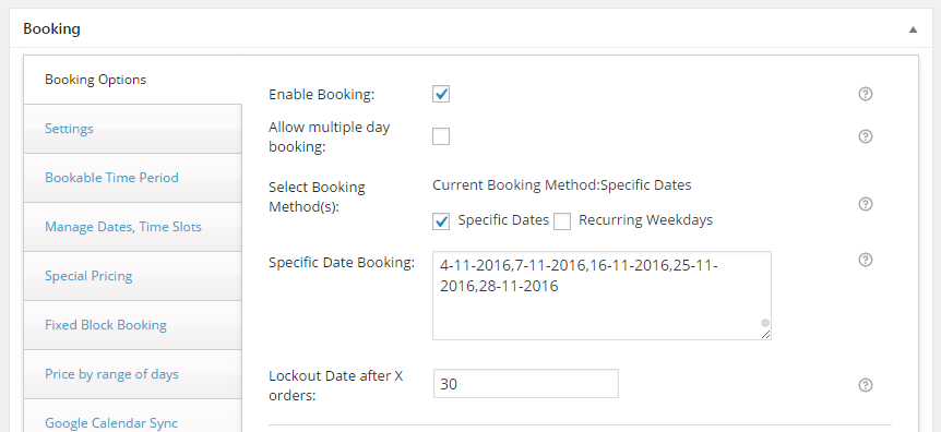 Services on certain dates - Booking Options