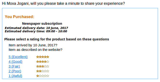 Post Delivery Product Reviews Email