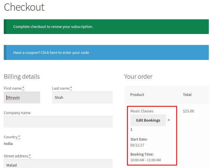 Edit Bookings on Checkout page
