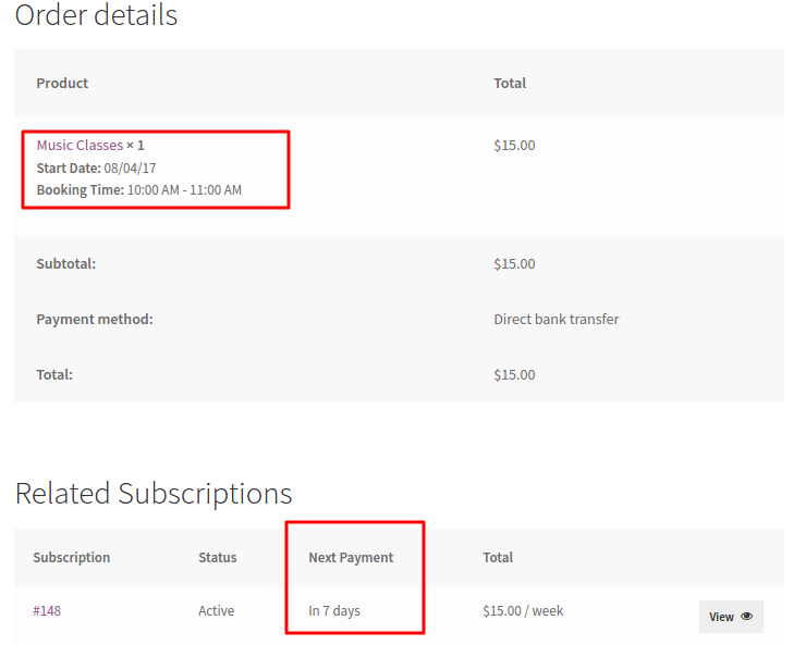 Subscription Order with Booking Details