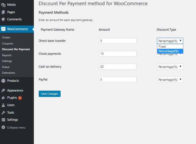 Screenshot of plugin Discount Per Payment Method - add charges or discounts for different payment methods in WooCommerce
