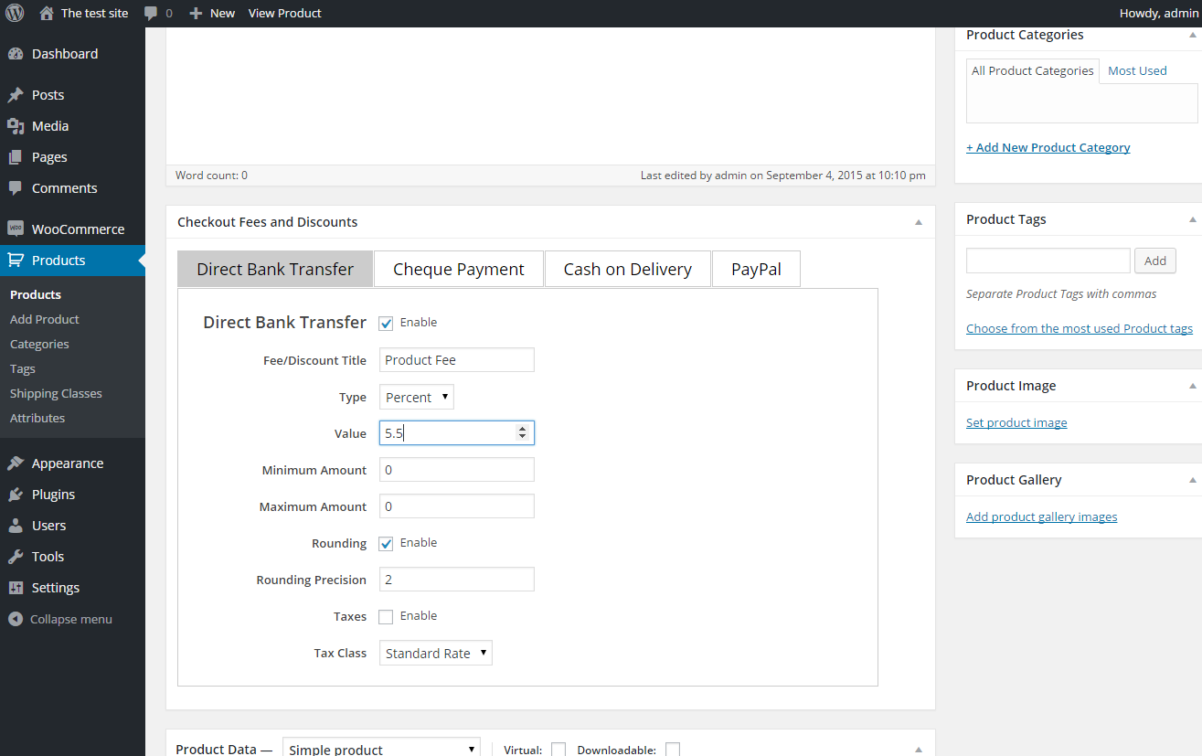 Screenshot2 of plugin Payment Gateway based fees and discounts - add charges or discounts for different payment methods in WooCommerce