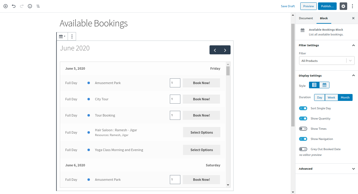 Appearance of Available Bookings Block to Page
