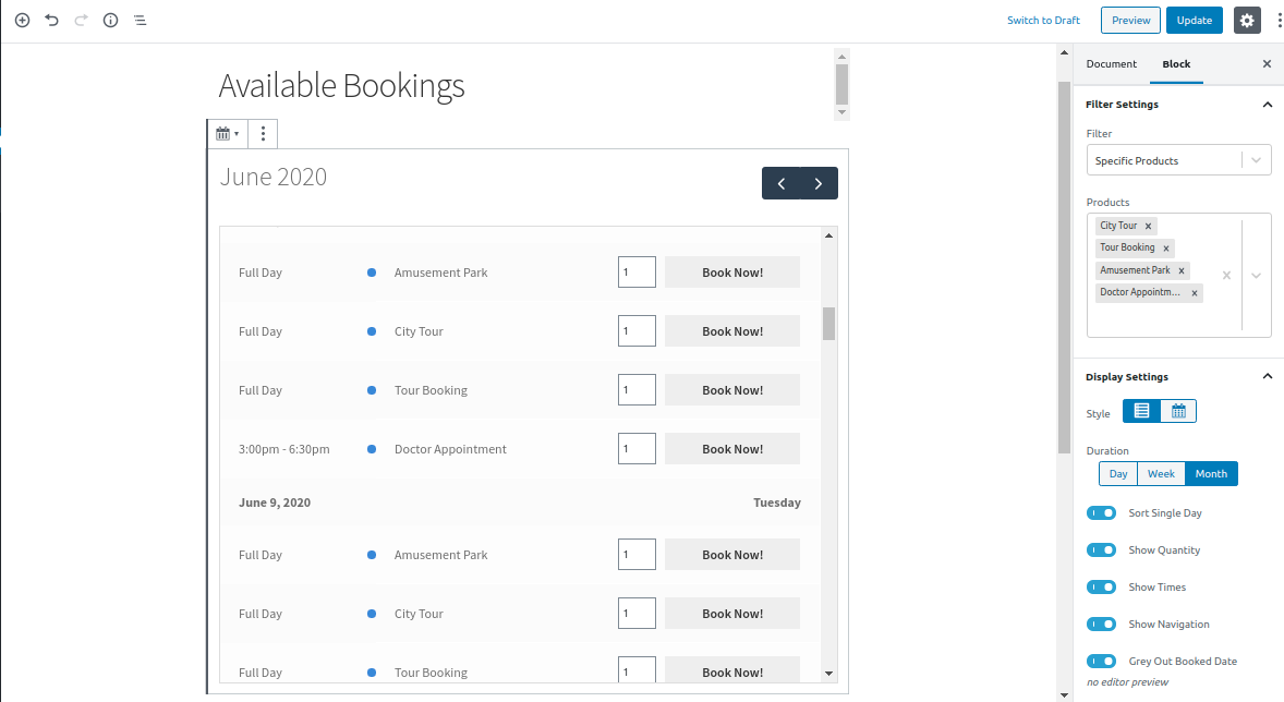 Available Booking Block Backend View