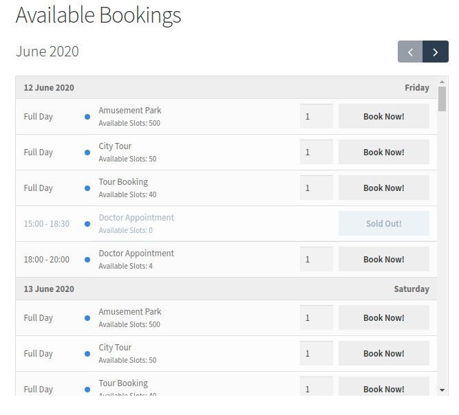 Available Bookings Block Front End View