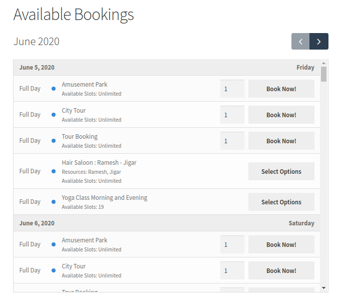 Available Bookings Block Front End View