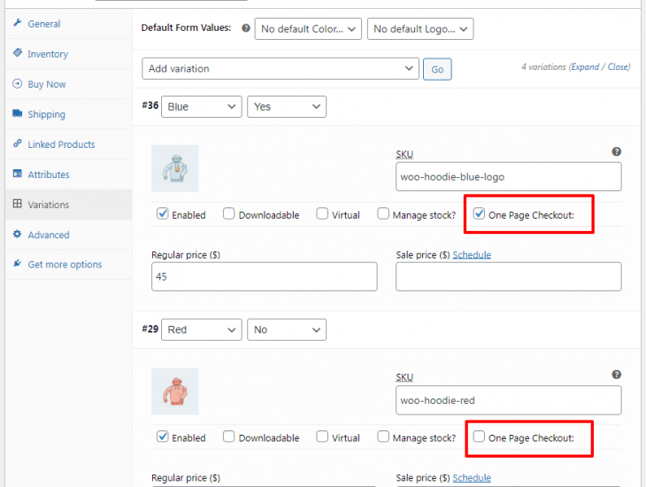WooCommerce one page checkout option for product variations